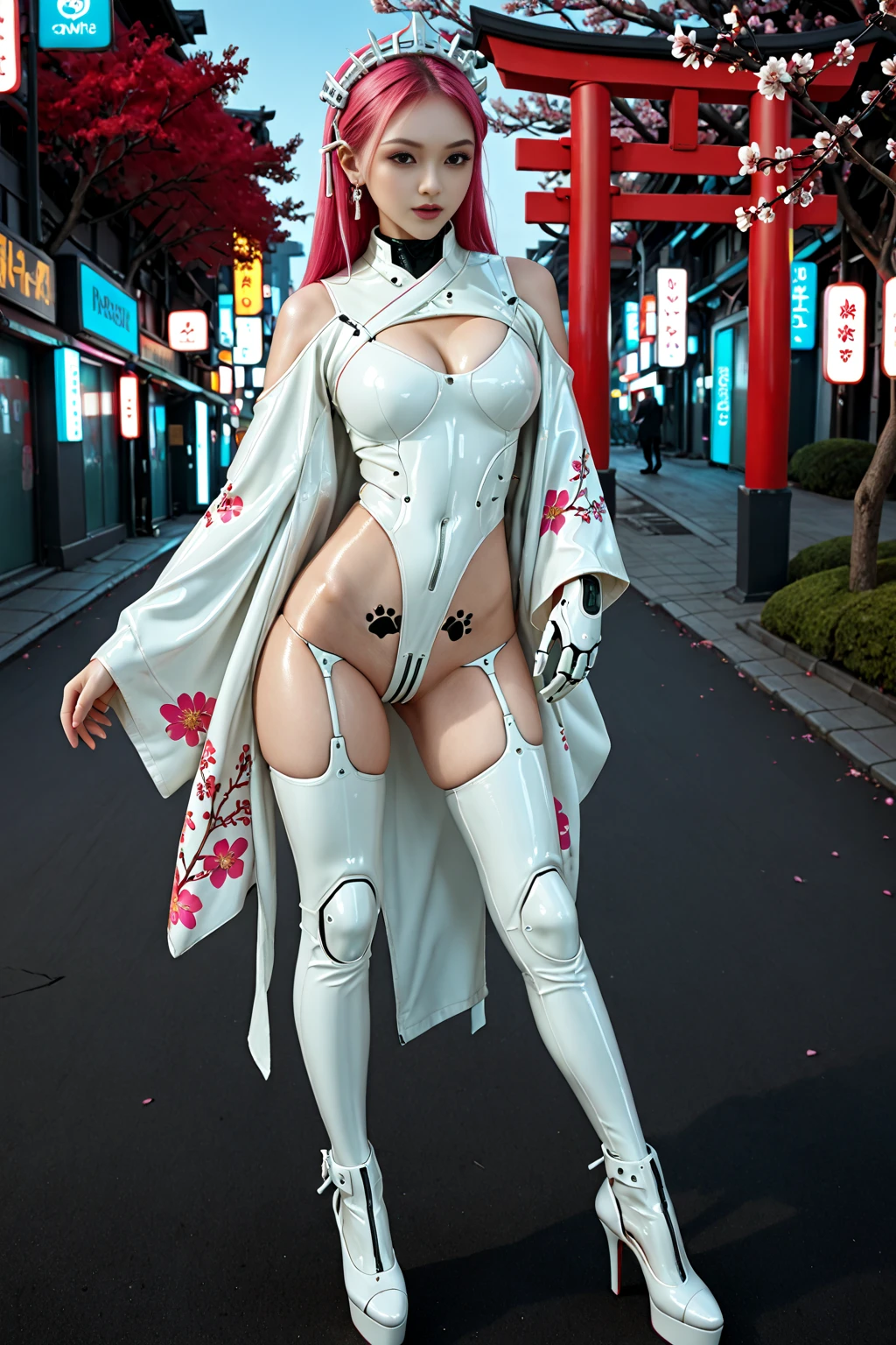 (A hyper-realistic)、(hight resolution)、(8K)、(ighly detailed)、(beautifully detailed eyes)、(top-quality)、(ultra-detailliert)、(masterpiece)、(A detailed face)、Beautiful sexy woman standing on the city dark street , long pink hair,(( no clothes nude , white sport shoes, pink sport gloves, knee protector,tie collar, ear studs, clear glasses, bandana rabbit)), Very gigantic-breasts:1.8、You can clearly see the shape of the chest、belly visible, nude 、long legged, butt