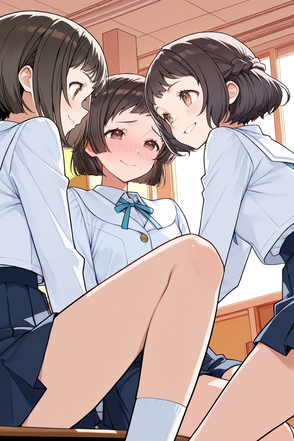 Group of 12 year old girls(12 people、Black Hair、、Flat Chest)and a 43-year-old female teacher(Brown Hair、adult、Thick)、Frightened expression、Nipples、Pubic hair is visible、Crying face、peace sign、Stand with your legs apart