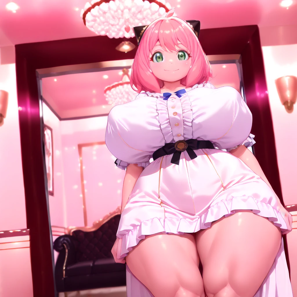 Full body girl, pregnant, huge belly, huge breasts, yellow eyes, glasses, shy, earrings, hair ribbon, long hair, side ponytail, pink hair, tsundere, embarrassed, pout, visible belly, hands on belly, very thight clothes, gloves, high heels, maid clothes, cum on belly, best quality