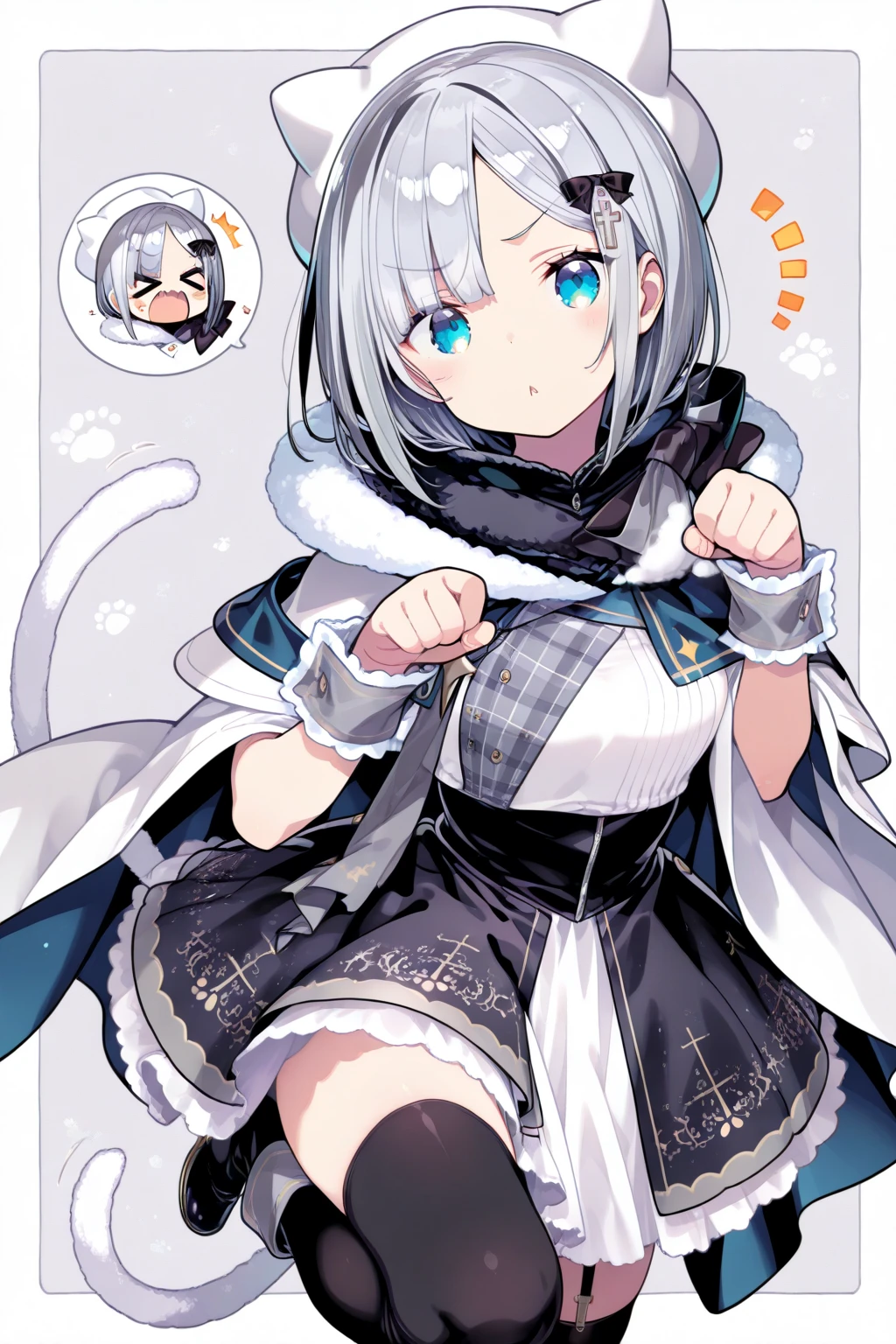 Naked Hoodie, 1girl in, Virtual Youtuber, 独奏, tailed, Bear's mouth, a navel, blue eyess, O cabelo multicolorido, Bear tail, hoods, looking at the viewers, A smile, red blush, bangss, blue hairs, sitting on, breastsout, striated hair, Bear tail, hair adornments, white hair, large full breasts, long-sleeve, bluntbangs, Brown Parker, bandaid on, a choker, Hood Up, show the grinps, greybackground, 鎖骨, Bear Girl、Stomach、length hair、Blue claws、Bear Food、
wakame、wakame、wakame、wakame、wakame、wakame、wakame、