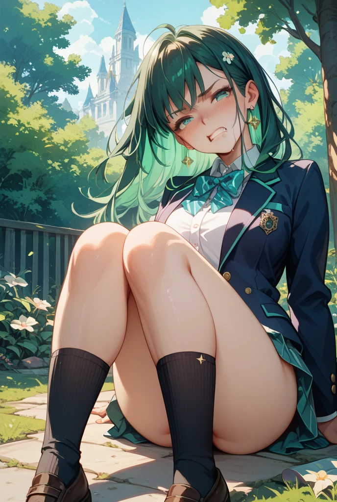 (((Spread your legs)))、((Two Women)))、Uniform Blazer、Beautiful beauty、Long green hair、((whole body))、(((Photo taken from below)))、school gate、Large Breastini skirt、Panties are black lace、Japanese、expensive、Long limbs、Hairstyle Twin tails