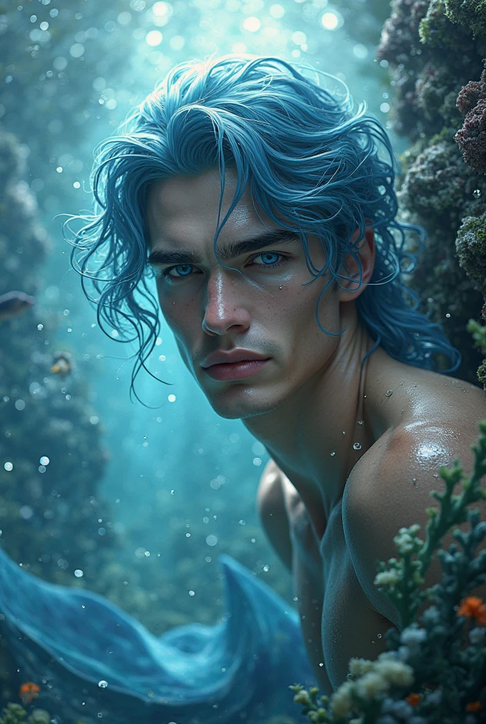 A merman with purple hair, blue eyes, white skin, elegant, slightly curly hair, blue tail