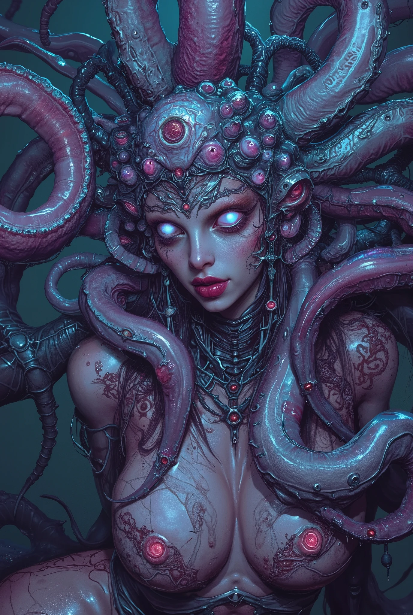 neon colored, (photos realistic:1.7), (1 beautiful and Coquettish female alien:1.4), (There is a female genital-like organ in the middle of her forehead:1.95), She has medusa-like hair, (there are lots of translucent tentacles from her head like her hair:1.5), (vulgarity1.7), (she is looking down at viewers with glowing red eyes with no pupils:1.6), (She has translucent pale skin:1.4),(She has the most beautiful face in the history of the universe:1.2), (She has multiple bioluminescent organs on the side of her tentacles:1.4), (Her body is covered with an iridescent exoskeleton:1.4), (She is showing her arm pits:1.6), an evil gaze that seduces, (looking down at viewers:1.4), (bio luminescent:1.4), (Smile wickedly:1.3), (ypose:1.4), cells are fused, extraterrestrial, cell, bio image, ultra high resolution, Beautiful eyes with fine symmetry,(Highly detailed face and eyes:1.2),(Super detailed skin quality feeling:1.4), perfect anatomy, (Beautiful toned body:1.5), (Moist skin:1.2), not wearing makeup, (dark circles:1.1), cinematic drawing of characters, cinematic quality, (exquisite details:1.2), high resolution, High freshness, drawing faithfully, official art, Unity 8K Wall paper, ultra detailed artistic photography, midnight aura, unreal engine 5, Ultra Sharp Focus, art by MUCHA, art by Amano Yoshitaka, ArtGerm, ultra realistic realism, dream-like, Creation of (Numerous award-winning masterpieces, with incredible detail, textures and maximum detail), Dramatic Lighting, cinematic quality, (exquisite details:1.2), High freshness, drawing faithfully,, dream Snail, (biopunk nautilus:1.3),Thrilling color schemes, seductively smiling, Amazing mutation, well-proportioned body, goddess of the deep sea, fractal, Geometric pattern, impossible figures, subtle emerald green accents, (expression of ecstasy:1.5),