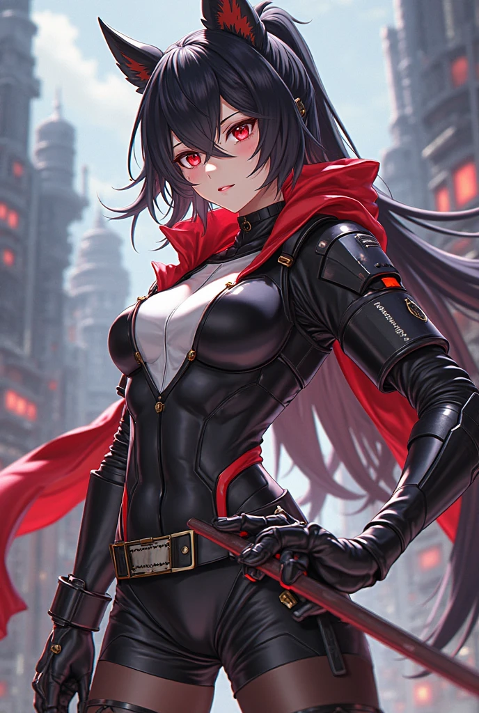 Highest quality、Highest quality、Masterpiece、girl((Metal body,Age 25、as soon as、Highest Bust、Medium Bust、Wide open chest、Red glowing eyes、Black Ear、Red Mesh、Disheveled Hair、Loincloth、thin、The best valley、Open chest、Red Cape、hair ornaments、Full body view、gas mask、Black hoodie、Black trousers、Holding a spear knife))、high quality、Beautiful Art、background((fog、cigarette、smoke、Red smoke、City、Cigarette curtain、Explosive Flame))、flight、Flying Debris、Depth of text、movie、Visual Arts、Perfect Art、8K、Genuine、Special Angles