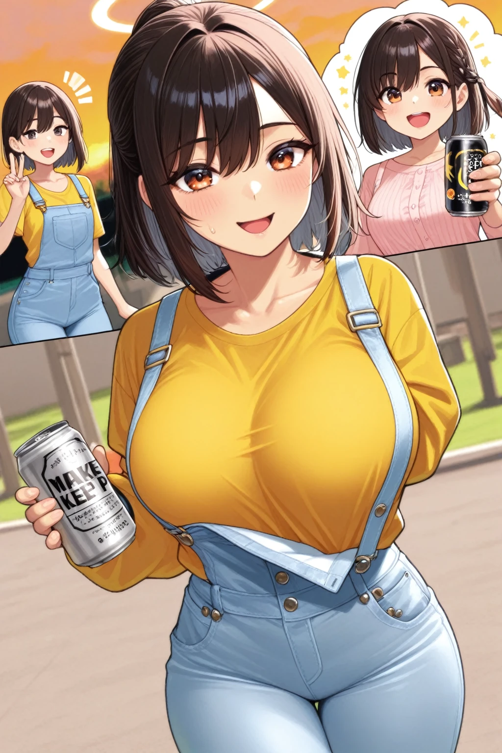 Best quality, ((Masterpiece)), (Realistic), A woman, Beer garden, Drinking beer was delicious, Hot and sweaty, Place it next to her face, closing her eyes, 1girll, Sour face, shirt, food, Solo, Open shirt, Lace shirt, Floral shirt, colorful skirt, Mini skirt, Piva