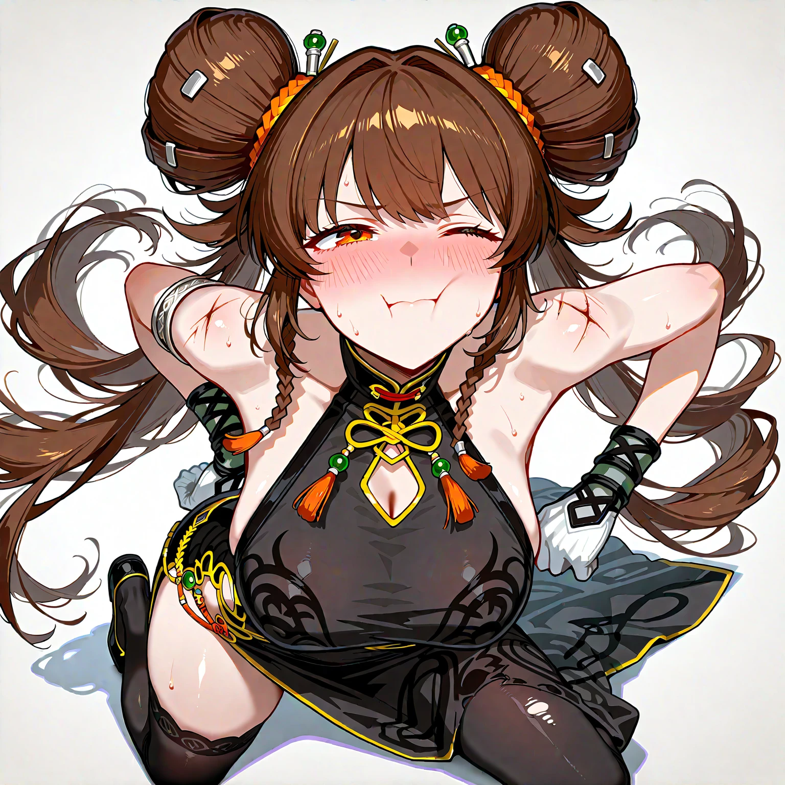 Woman wearing stretch pants,Brown Hair,Light brown eyes,Twin tails,Thick bones,Beautiful curves,Medium Hair,Curvaceous body,Blushed,Captivating look,Smooth and thick thighs,Chubby!!,Sweat,vapor,Wide torso,tight,heart,Small Bust,On all fours,