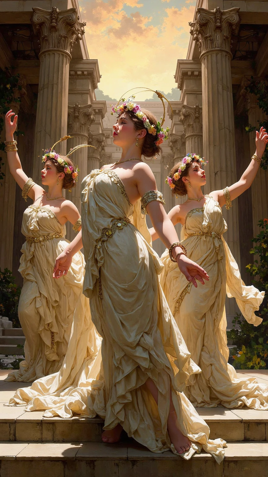 "{{A graceful dancer, inspired by 'La Danseuse de Delphi,'}} performs an elegant pirouette in a sunlit, neoclassical courtyard. The dancer wears a flowing, ethereal costume with intricate details, capturing the essence of classical artistry. The background features ancient Greek columns and statues, providing a timeless and historical setting. The camera, equipped with a 50mm lens, captures the dancer in a medium shot, emphasizing the precision of her movements. The image should be rendered in a photorealistic style, with soft natural lighting that enhances the dancer's form and the classical surroundings. The resolution should be set to 8K for a highly detailed and lifelike portrayal."
