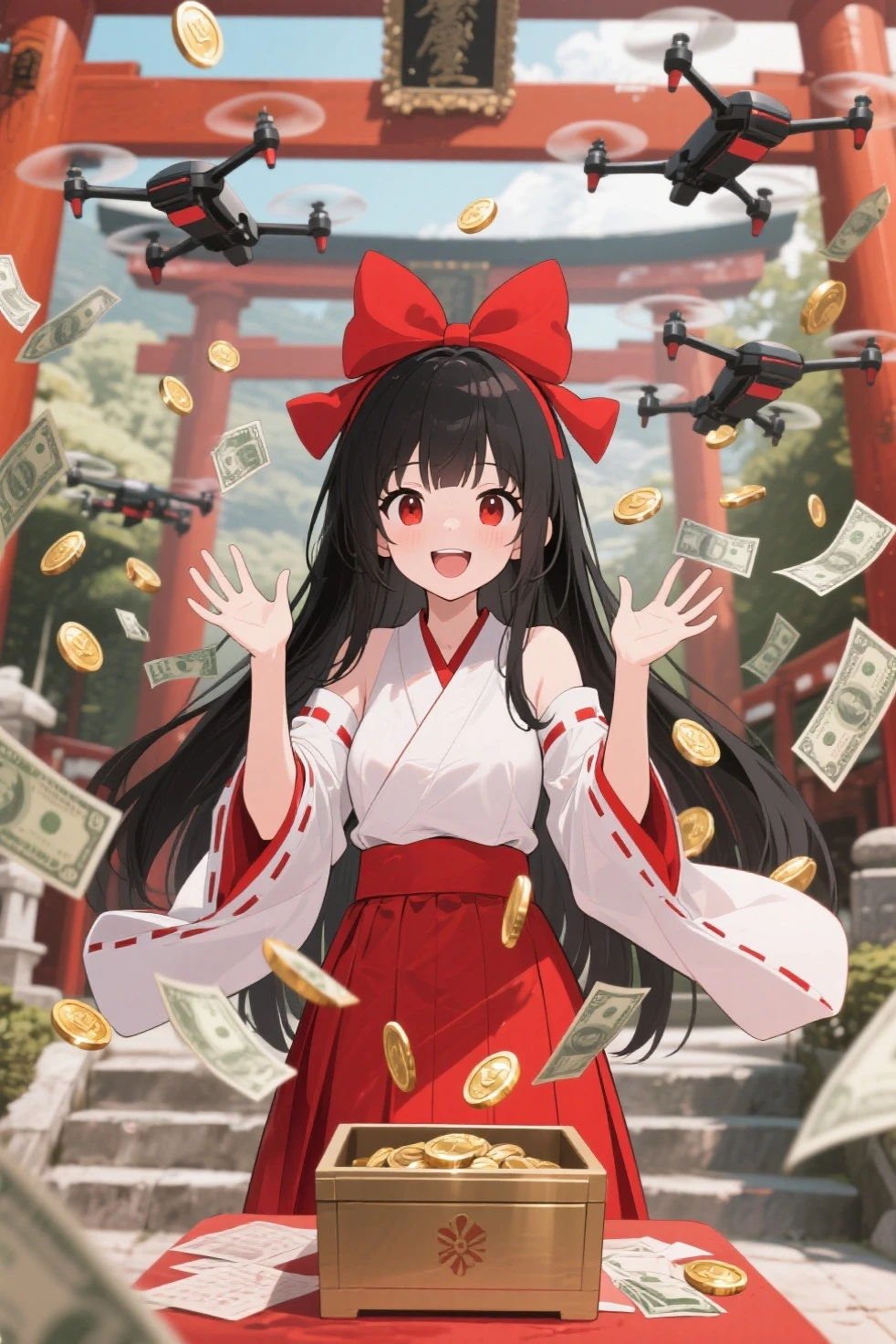 The location is a shrine. 1girl,black hair,long hair,straight hair,wearing red big bow behind hair,wearing miko clothes ,wearing red skirt , standing near offering box,The shrine maiden has a happy expression, her hands are raised up,  There are many drones flying above the offering box, and they are dropping coins and bills into the offering box, 16K解像度,masterpiece,ultra detailed,ultra highres,ultra quality,anime style , detailed eyes ,detailed Face, detailed five fingers,HDR , shiny skin  ,Enhance colors to maximum saturation,Nothing obi