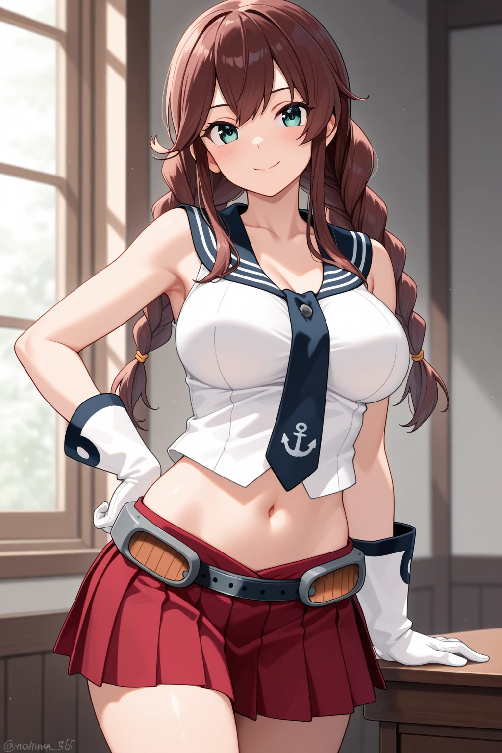 ,Open mouth, large breasts,wide hips,,twin braids,brown hair,long hair,blush,,standing,cowboy shot,navel,single thighhigh,sleeveless,red skirt,black necktie,white groves,white shirt,black sailor collar,Bright glossy screen,,black hair,,open mouth, ,,huge breasts,,narrow waist,navel , eyelashes, eyeshadow, lips,, 8k, hdr, raytracing,indoor