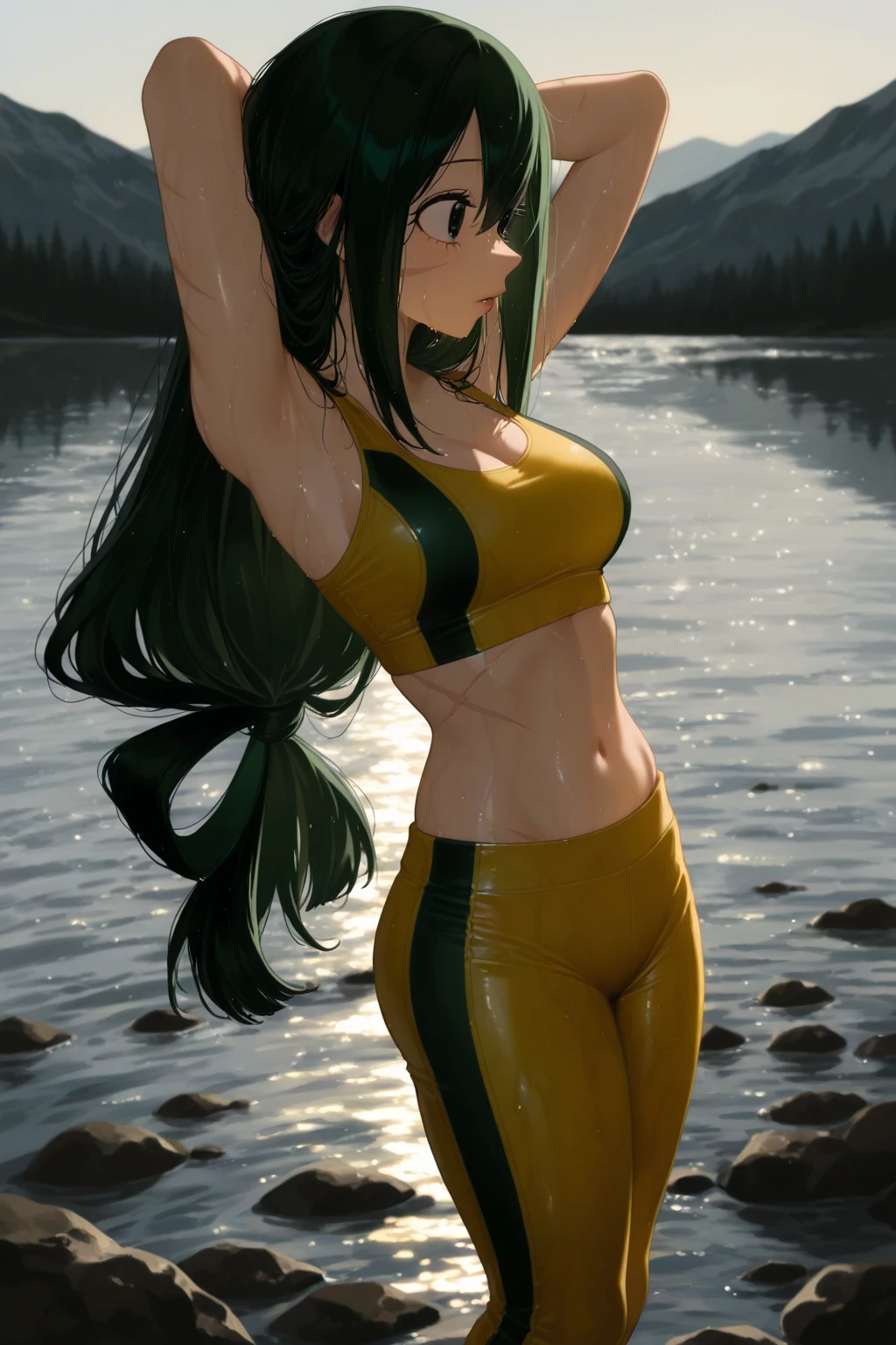 uma mulher nativa americana adulta, Pele escura, cabelo preto comprido, corpo forte, Too many muscles, olhos amarelos, serious expression, black latex dress, Hunting pose, Um fundo da selva