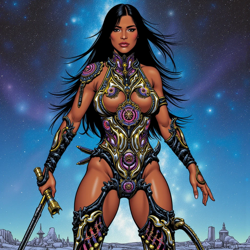 One barbarian girl, space-warrior girl, cyborg girl, beautiful bbw girl, chubby girl, woman-warrior, whole body, nude body, Perfect skin, space background, dark fantasy, Luis Royo style, Science fiction, 80s, 16-bit game, VHS era, planet in space background, green lightning, psychedelic color background, smog, fog, swamp, girl in swamp, mad max style