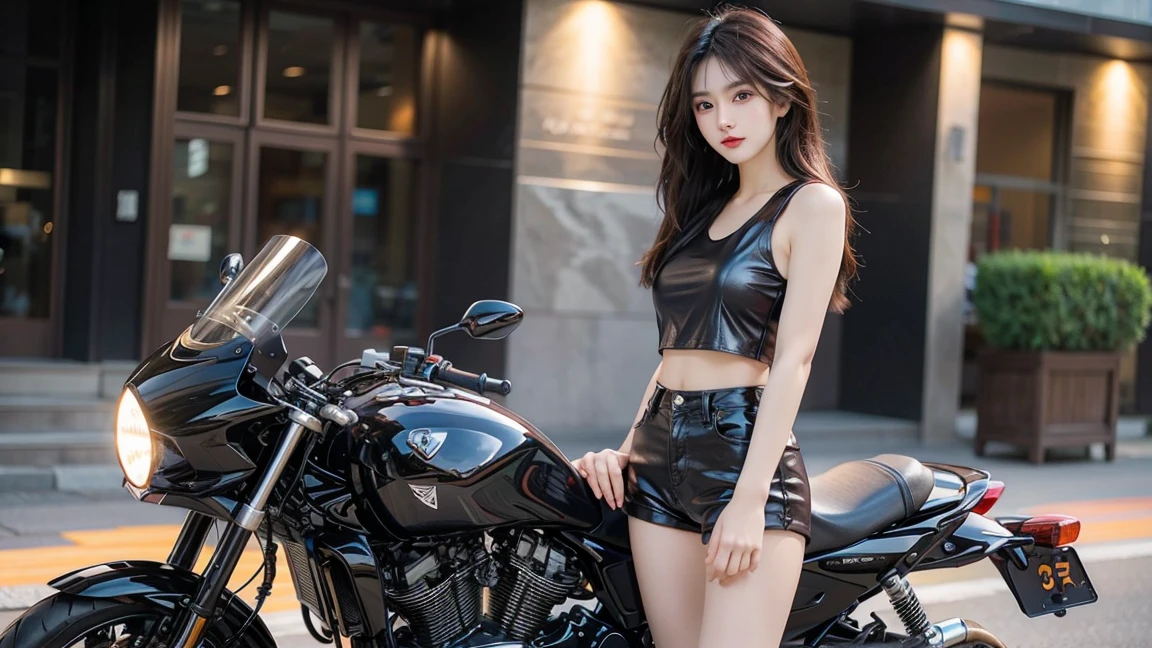 top-quality、超A high resolution、女の子1人、Swimsuit like a sailor suit、a miniskirt,(huge-breasted:1.2)、Black boots, Riding a motorcycle, Long Black Hair,poneyTail, Photo, Residential area,Live action,japanes,独奏,Beautiful expression,Wearing black tights,beautiful smiling face,perfect body type,Black Choker,Live action,No logo,No letters,Wearing black stockings,cleavage of the breast,The wind seems to flip up my skirt