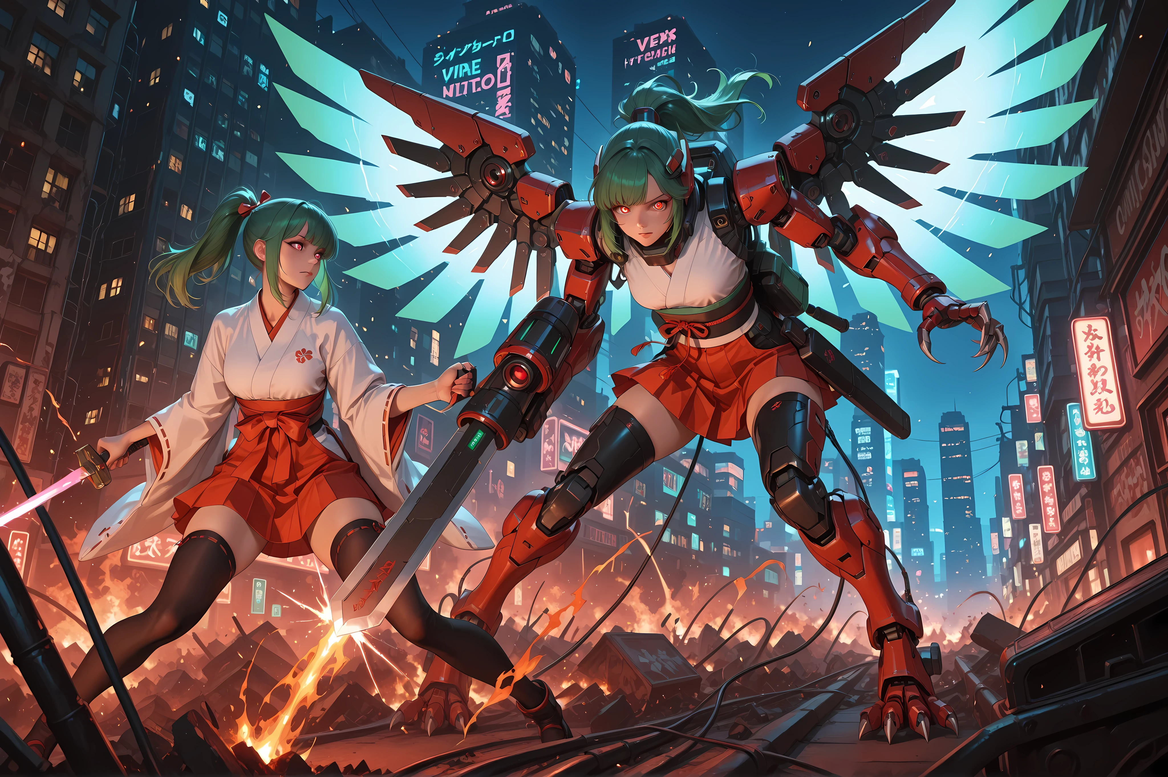 masterpiece, best quality, amazing quality, hyper-detailed, newest, very aesthetic, city, night 1girl, Vannamelon, green hair, ponytail, miko, japanese clothes, chihaya \(clothing\), red hakama short skirt, thighhighs, obi, sash, holding ofuda, looking at viewer, outdoors, cyberpunk, neon lights, graffiti, cable, wires, red mechanical eyes, holding a blaster on the right hand, mechanical wings, a sword on the left side, claws. Flying, fighting, shooting energy blasts, explosions, buildings on flames, destruction.