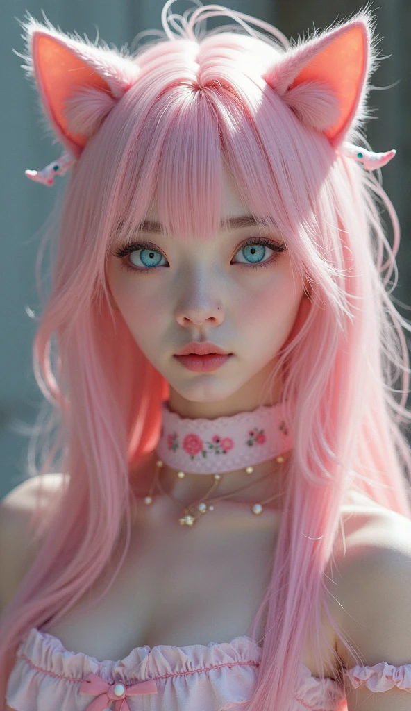 One Girl,(Captivating quality:1.4),(Highest quality authentic textured skins), Delicate face,Pink twin tail hair, Perfect body:1.1),Heart-shaped choker、Long eyelashes,Clear Eyes,Hyper HD, Tabletop,Keep dreaming,Fantasy Space,Pink Background,Mouth closed,bright,anime