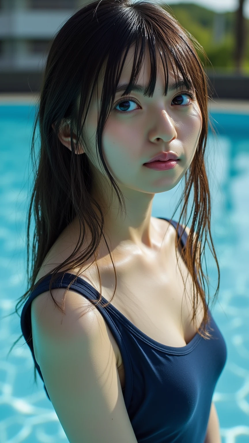 upper body photo of a young girl in the water, black tight lace cami, pale skin, (((erect nipple))), Bangs, Bare Shoulders, black tight(short:1.37)panties, beautiful big breasts, Breasts squeezed together, on water, sitting in the pool edge, detailed pool background, Hair between the eyes, Long hair, oval face, double eyelids, Parted lips, brown eyes, solo, ((areolas)), (cleavage), armpit[wrinkles], delicate and sexy(collarbone:1.3), light brown hair, (Shiny skin:0.8),(Masterpiece:1.4),(Best quality:1.4), Natural(medium breasts:1.35), Shiny Red lips, Perfect abs, (sheer areola), ((sheer fabrics)), wet(sweaty, soaked), low angle, (from below angle), high detailed skin, skin pores,