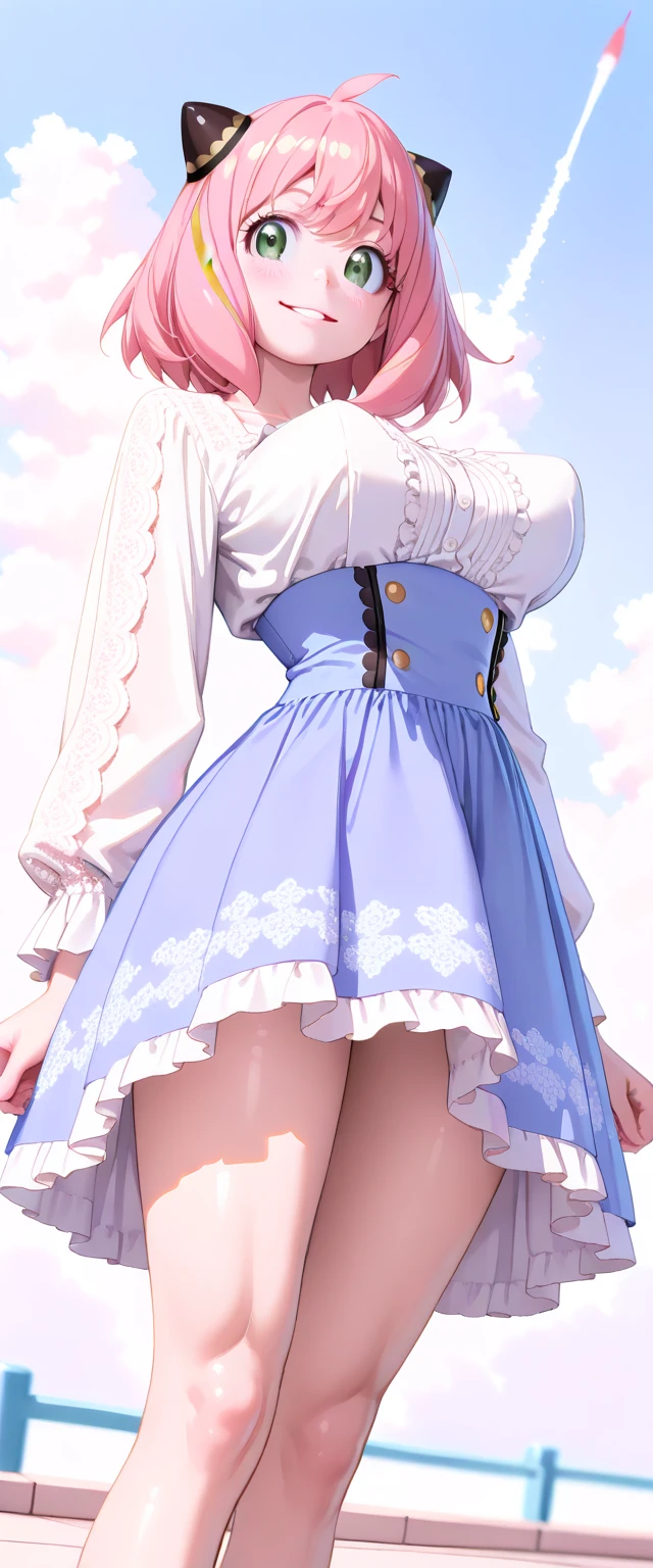 10 year old girl underwear, Kind Face, Realistic bloomers made from patterned cotton fabric, Medieval one-piece dress with panniers, corset,Fabric Realism, Low - Angle, You can see the drawer, Pull up the dress by hand, Semi-transparent bloomers, Strong winds, Translucent slip, Translucent slip, tights, Highest quality, Crotch close-up, whole body
