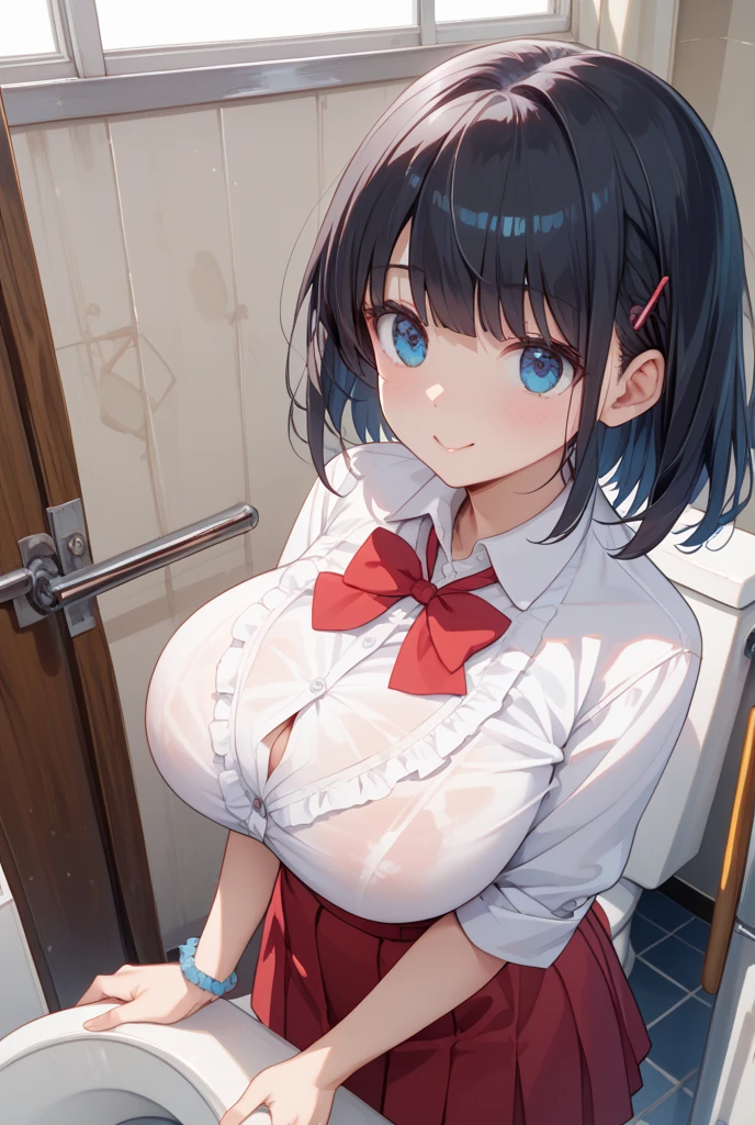 (8K、Highest quality、highest quality、masterpiece)、Detailed face、One girl、 Black Hair、short hair、、blunt bangs、Grey Eyes、evil smile、((Grin))、((camisole))、((One piece skirt))、Cowboy Shot、((bent over))、hospital、Hospital room、Very large breasts、cheeks are bright red、Blushing、in trouble、White nurse uniform、Cleavage、Nipples are visible,bare breasts,nurse cap,bare nipple,NSFW,white skirt
