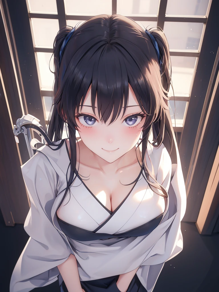 (ultra highres、ultra quality、Masterpiece、8k、),A girl with light short pattun hair drawn Young and cute 、Asian woman,s hot, Japanese Model, Cute Core, , Chubby 、(big breast)、Blushing、(Looking up)(Shrine maiden) (Her clothes are open and her cleavage is visible)smile、sexly,shrine