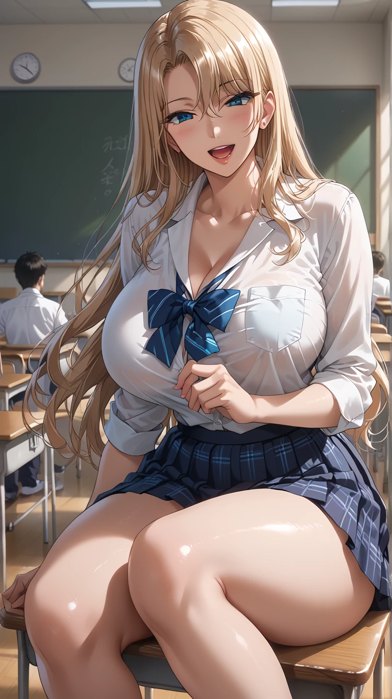 ((8K,masterpiece,the most beautifully illustrated), (Hyper-detailing,Ultra-clear),((white wavy extra-long curls):1.3,choker necklace,ear jewelry,pink and moist lips,),1 busty girl,quiet and welcoming classroom,white super long hair,White wavy curls,shiny hair,shiny skin, open student uniform,elegant and beautiful hairpin,bare-legged and high heels,reasonable movement,fair and moisturized skin