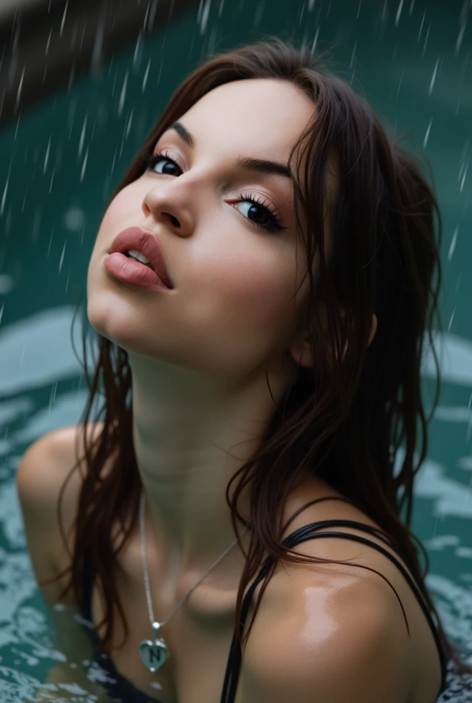 girl lie back on water, lie back, body rests on one hand, long hair, jerk back her head, side view, whole-body wrapped around by water-bubbles, mythical splashing, mystical whirl and tide, water element, epicRealism, 8k, UHD super detailed, perfect face, perfect fist, perfect feet, ethereal, midst, rain shower