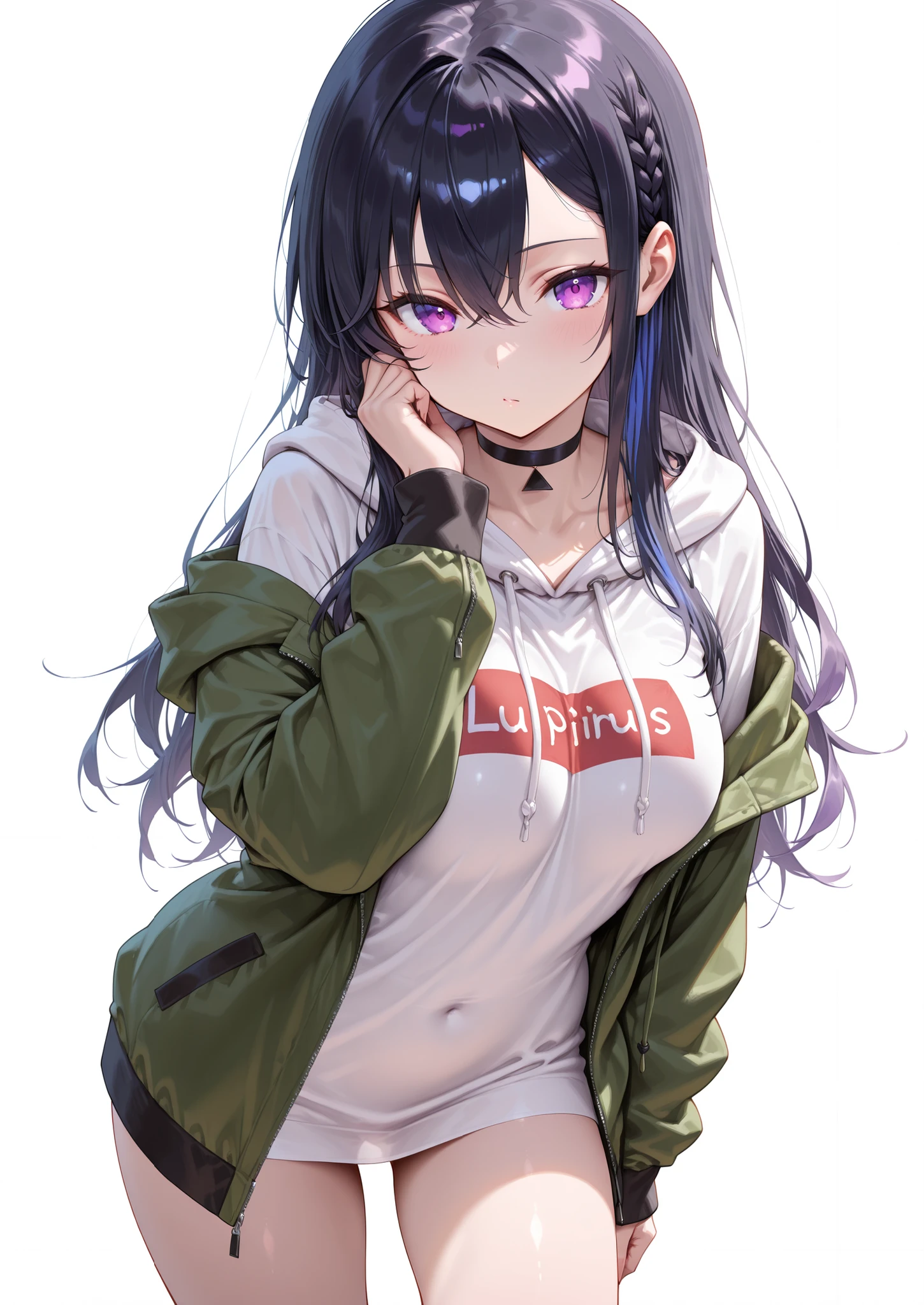 solo,masterpiece,best quality,super fine illustration、finely detail 、clear picture、UHD、HDR, amazing quality, highres, absurdres, very aesthetic, high resolution, ultra detailed, perfect details,(masterpiece, detailed:1.2),aauruha, long hair, multicolored hair, black hair, braided bangs, purple eyes, medium breasts, black choker, white hoodie, clothes writing, off shoulder, green jacket, open jacket, long sleeves, bare legs
