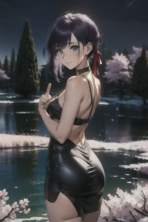 (​masterpiece、top-quality), hightquality, absurderes, hight resolution, ultra-detailliert, It's complicated, Beautuful Women, 1girl in, Chest that seems to burst, looking at the viewers, from the rear, Looks Back, s ass, Toned, Sportsbra, leggins, high-waist pants, yoga pant, purple color  hair, Pink eyes, Lunette de soleil, hair between eye, plein air, 科幻小说, 城市,red and gold leggings