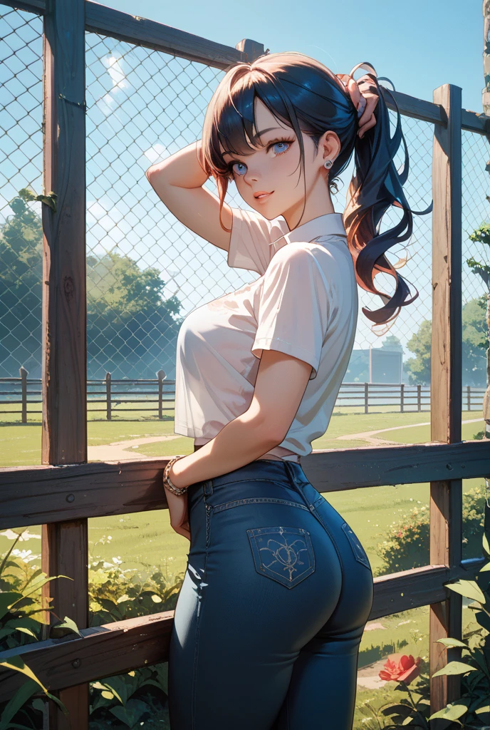 (de primera calidad: 1.3)、(masterpiece: 1.3)、(El ultra detallado: 1.3)、(fondo de pantalla, una chicas)、(camisa blanca sin mangas con cuello:1.3)、(Minifalda de vuelo negra:1.3)、(pantimedias marrones:1.3)、pajarita roja、(By the chestnut:1.3)、pelo medio、poneyTail、(Hermosos Pechos Grandes:1.3)、un parque、sonrisa traviesa、hermoso trasero、Centrarse en las nalgas、Turn your ass here、Sosteniendo la falda en tus manos
