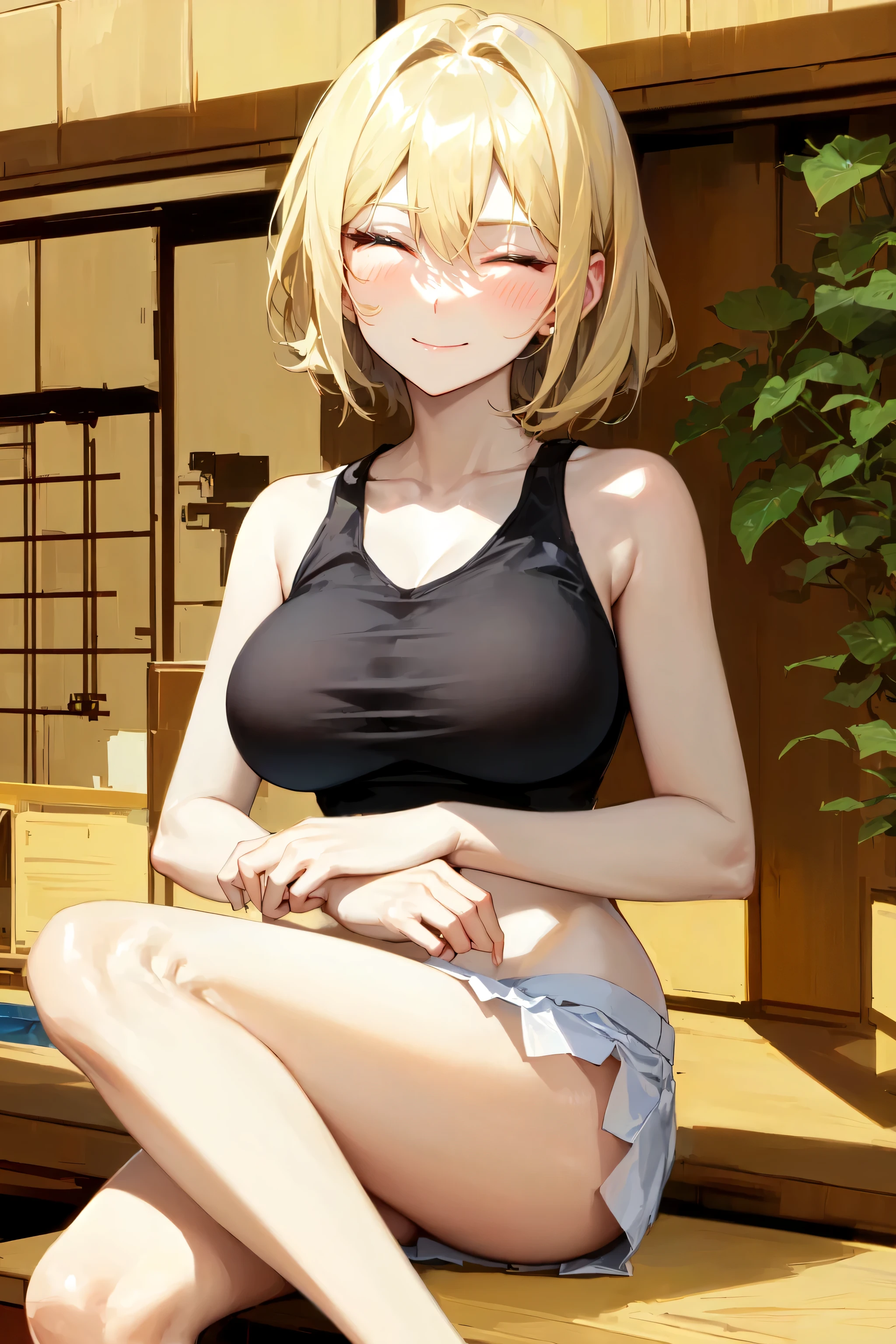 masterpiece, absurdres, best quality, ultra detailed, high Resolution, detailed illustration, bright colour, (extremely beautiful detailed face and eyes, Delicate beautiful face, 1 girl, cute face:1.3), (magenta eyes:1.1), sparkling eyes, big eyes, medium breasts, (perky breasts:1.1), (pointy breasts:1.1), medium hips, glamorous body, white skin, BREAK, long bob cut, (blonde hair:0.8), messy hair, detailed hair, shiny hair, BREAK (strapless mini training wear, down blouse:1.5), perfect lighting, (embarrassed:1.5), (ecstasy, vulgarity:1.5), (trembling:0.8), (View from below:1.5), dance training,