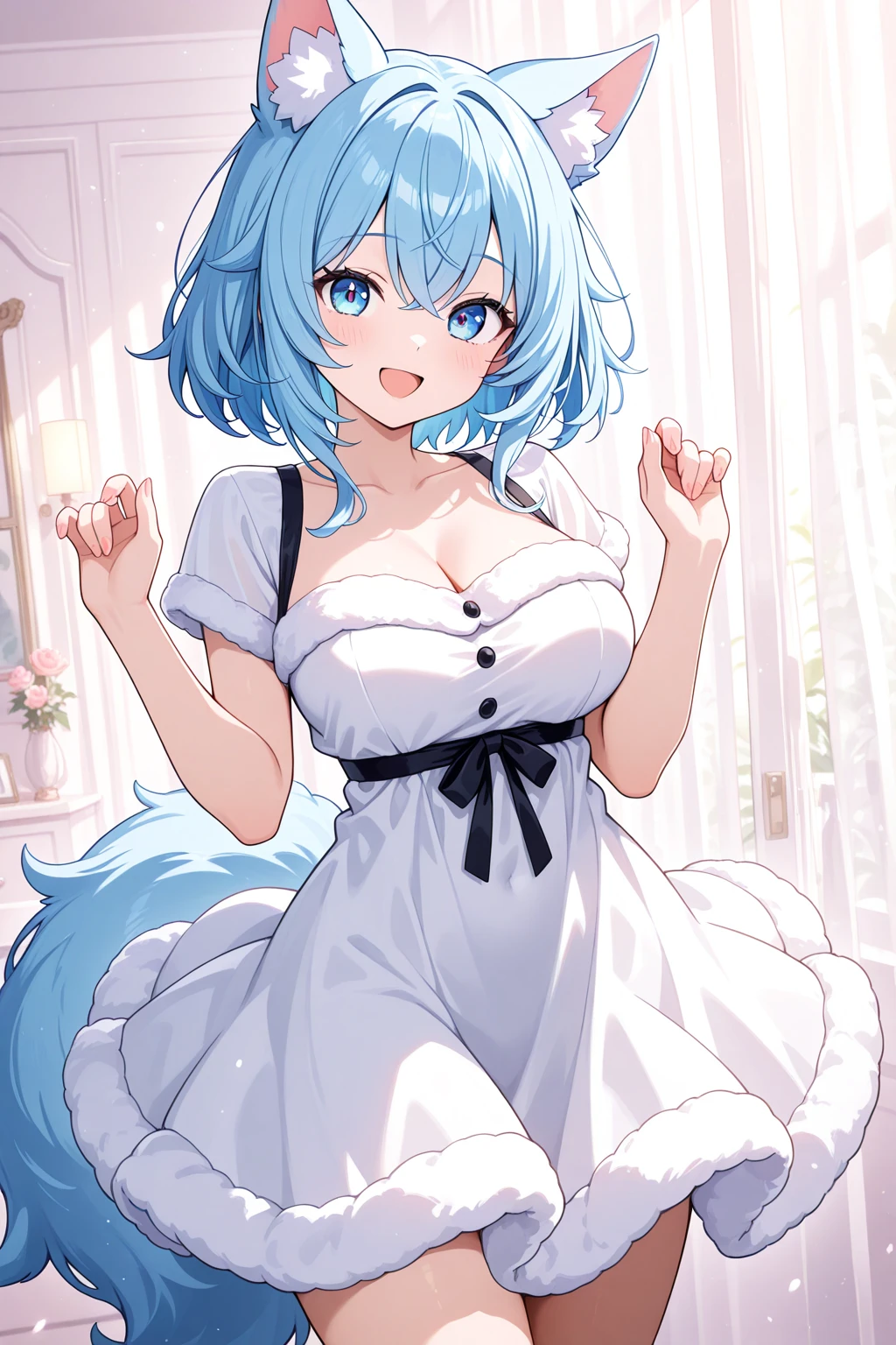 (Masterpiece) (High Detail) (High Res) A close up of a short humanoid girl with pale human skin and blue eyes and long blue hair and blue dog ears and a fluffy blue dog tail and average breasts. She is stood in a wedding venue and is wearing a wedding dress. White mesh wedding dress. White mesh veil. White corset. White Pleated skirt. White tiara. Wedding dress. White heels. She is happy and She has blushing cheeks.