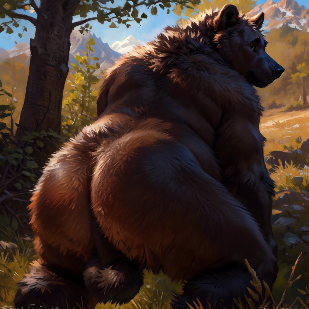 (by ozoneserpent:1.1, by Kenket:1.4, by the-minuscule-task:1.2, by zummeng:1.0):1.3, (anthro brown bear, woman, breasts, antrum, extremely detailed, extremely detailed legs, extremely detailed arms, extremely detailed face, perfectly detailed eyes, perfectly detailed anatomy):1.2, solo, perspective, adult, mature body, large body, curved thighs, gorgeous hips, curvature, (cute tail), (bear ears, bear fur, anthro face, bear nose), smiling, thick fur, brown fur, au natural, half-closed eyes, sly expression, looking slyly at you, ass focus, below perspective, back shot, bent over, showing off to you, on all fours, hands and knees, full body shot, leaning, tongue out, winking, in the woods, being sly, beautiful brown eyes, outdoor setting, dark, Halloween ambience, night time, mist, moon rays filtered through trees, painterly, vibrant colors, traditional style, ambient lighting, depth of field, bear claws, five fingers,