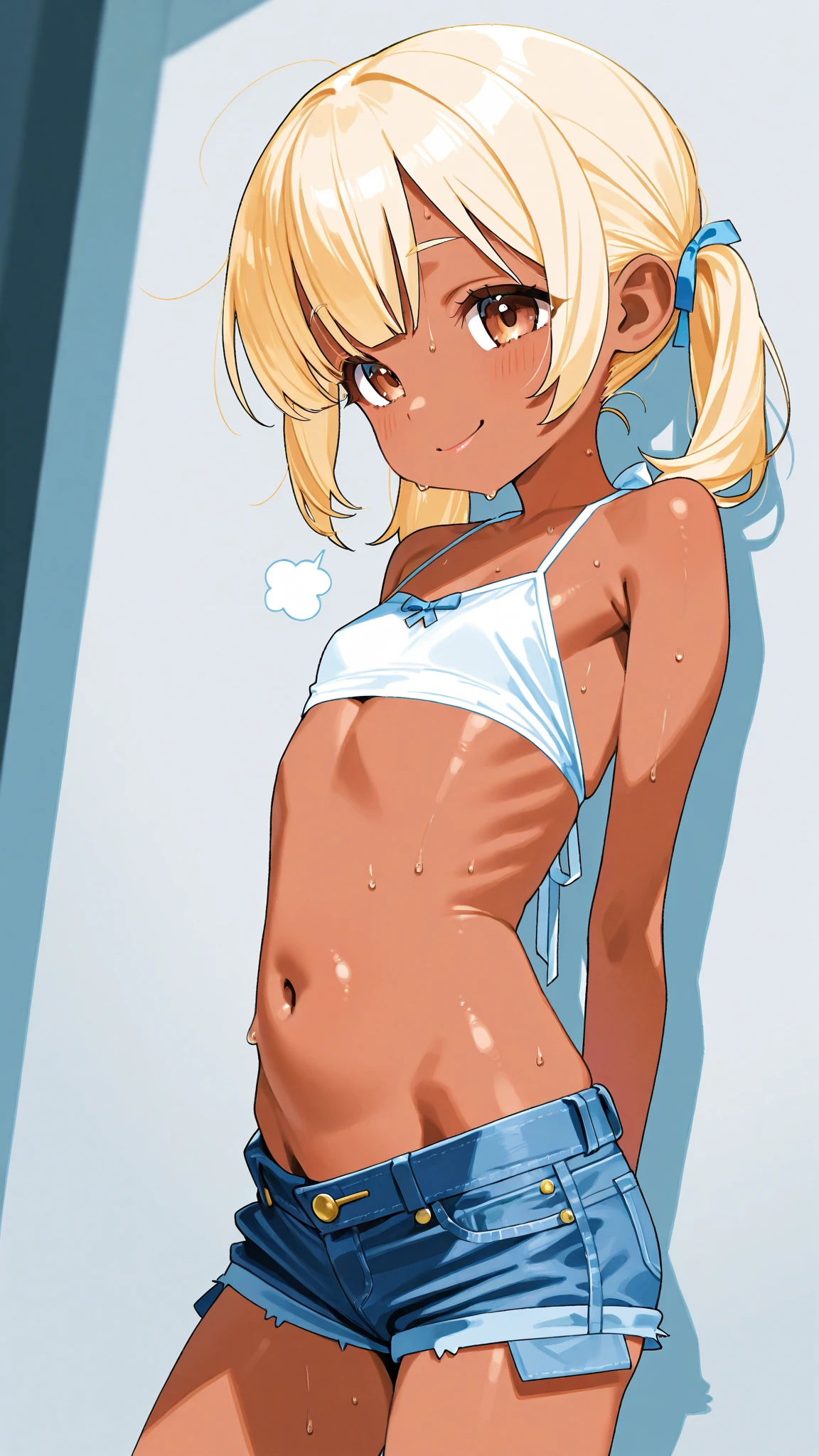 (young girl ,short stature,gyaru) ,flat chest,nsfw,big head, rotund.see-through one-piece-swimsuit,, random hair,random pose,