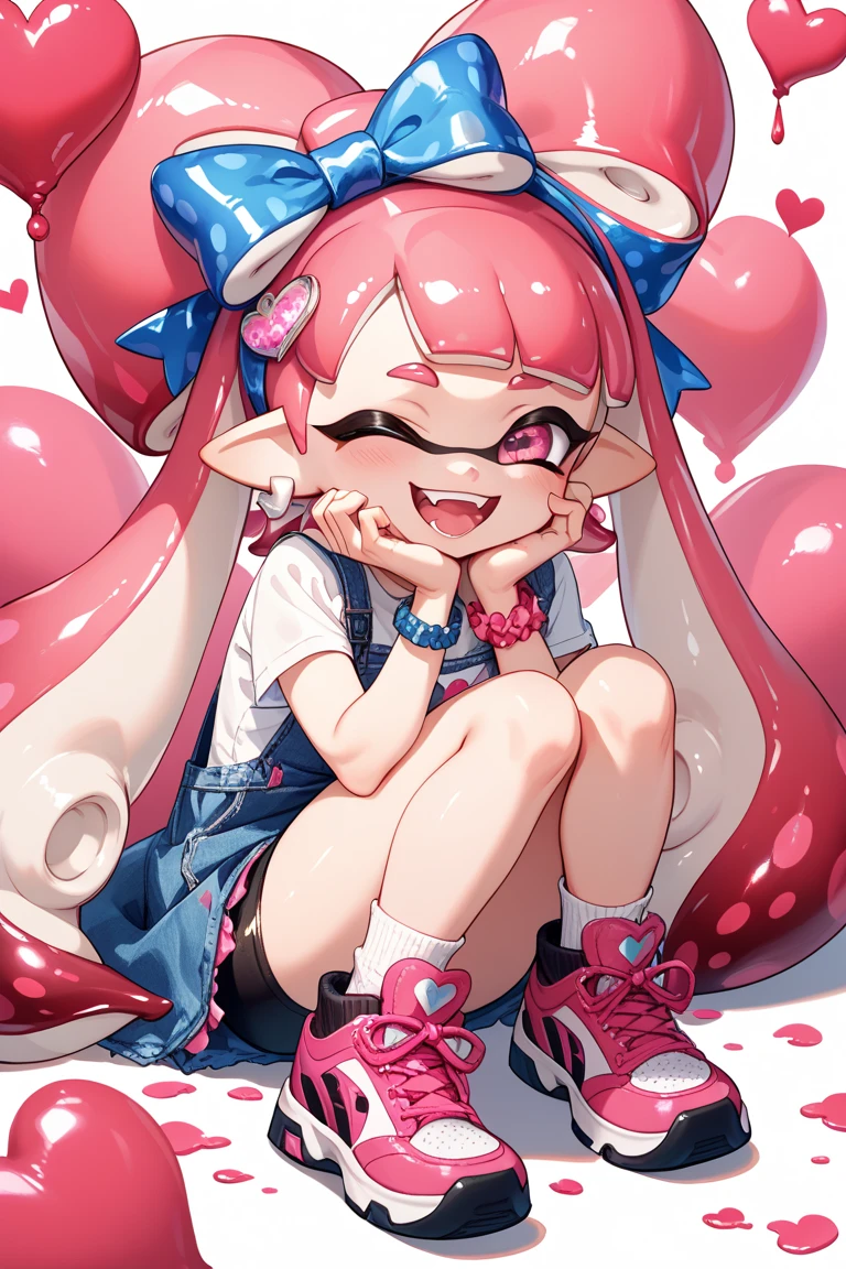 Conceit, Grin, blush, Simple Background, masterpiece, Highest quality, Splatoon Girl、Pink tentacle hair, Side Lock, Braids and lots of hair, Golden Eyes, skinny, Huge breasts, Double Bang, Hair Ribbon, Chinese short dress, Frills, Pink knee socks, Red dress, Black Skirt, Micro Mini Skirt, Cleavage cutout, Skirt Lift