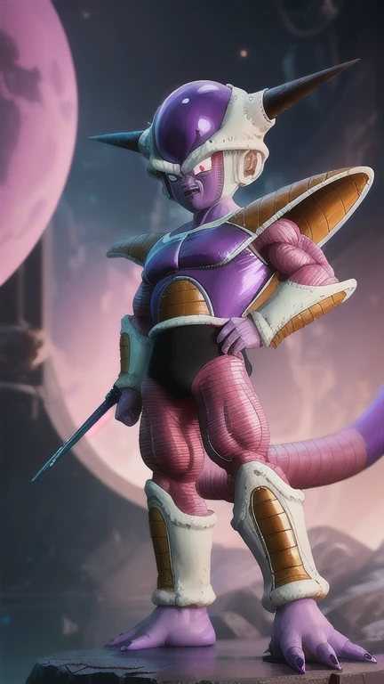 8k, 4k, masterpiece, best quality, sharp focus, extreme intrincate detail and textures,best quality painting, evil smile, masterpiece , perfect composition, frieza, 1boy, horns, red eyes, clenched hands, akira toriyama styles, saiyan armor, full body, looking at viewer, male focus, tail, plains, mountains , trees , boulders, solo, space