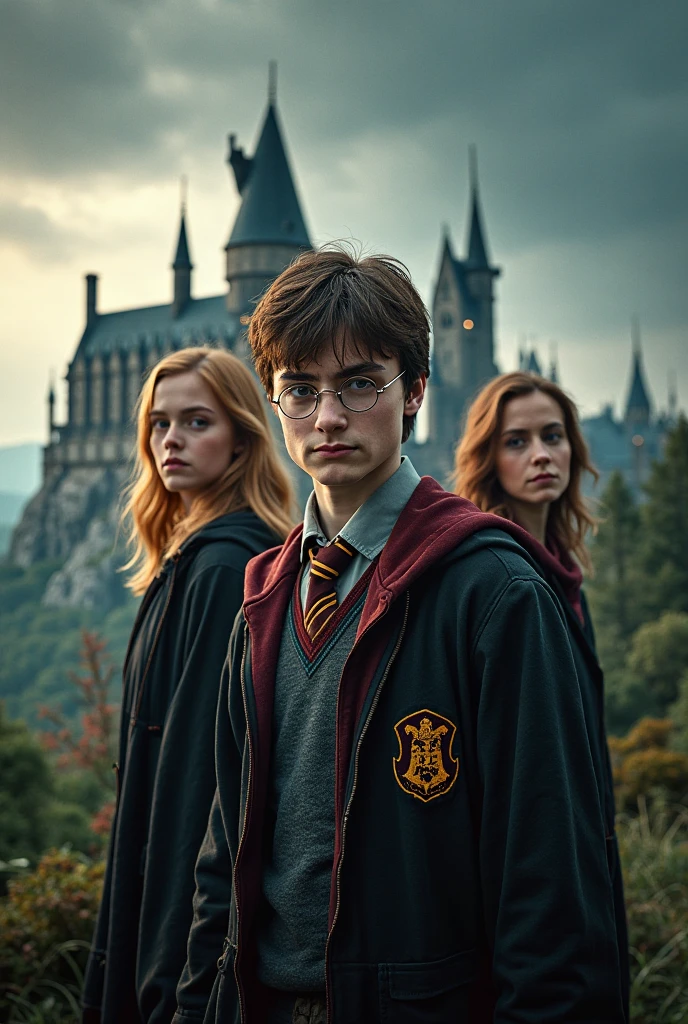 Emma Watson in her 20's wearing Hermione Granger Uniform and Daniel Radcliffe wearing spectacles and Harry Potter Uniform. they both together sit on a bus driver cockpit smiling and Emma Watson is holding the steering wheel, Daniel Radcliffe sit beside her in the bus cockpit. There is window on the bus, the window on the bus have hogwarts castle in the background. Can see the seat and the steering wheel of the bus
