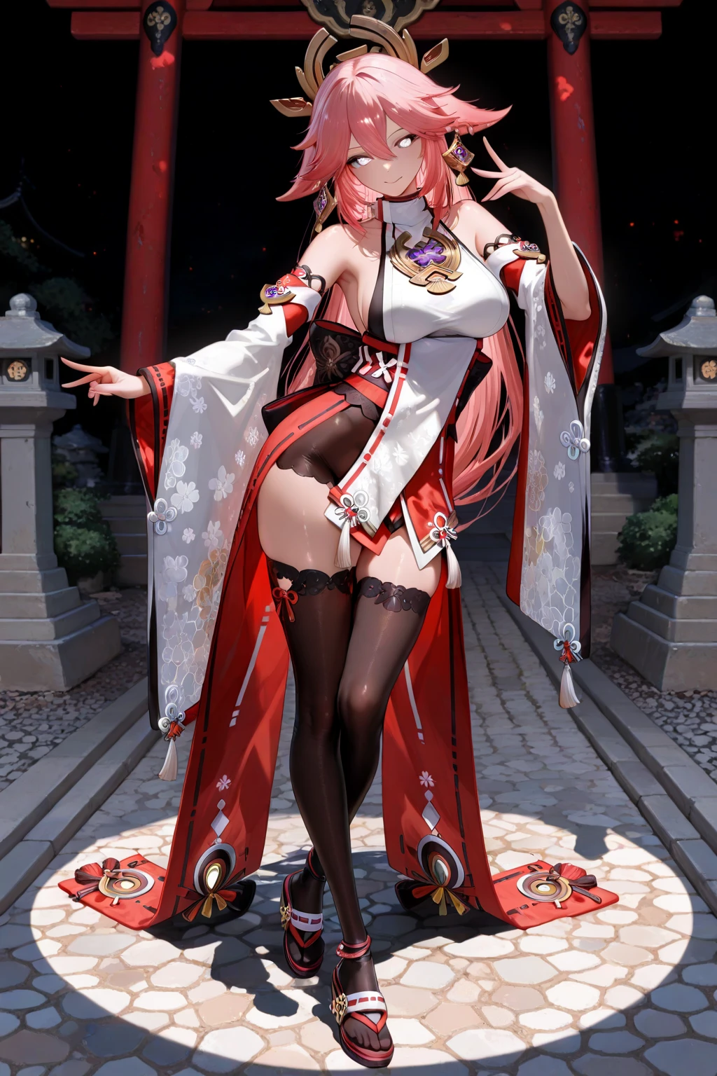 (best quality:1.5, highres, UHD, 4K, detailed lighting, shaders), Yae Miko from genshin impact, big breats, (pov), full body, picture at the back, white background