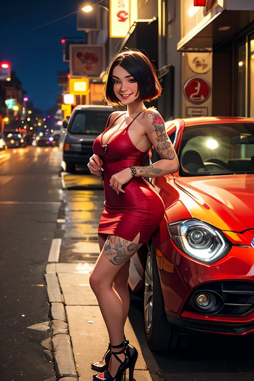 8k, masterpiece, RAW photo, best quality, photorealistic, extremely detailed CG unity 8k wallpaper, Depth of field, Cinematic Light, Lens Flare, Ray tracing, (extremely beautiful face, beautiful lips, beautiful eyes), intricate detail face, ((ultra detailed skin)), ((1girl:1.6)), ((alone:1.4)), ((standing)), in a street, deep shadow, [Raiana-Elizabeth-Dilla], pretty girl, (very slim slender fit-muscled body:1.3), ((beautiful legs:1.4)), ((looking at viewer)),(big smile:1), (sexy ((see-through)) ((ultra-short ((red:1.1)) grunge-style dress))), ((dark of night,nightlife,urbanlife)), (graffiti,grunge), (blurred background:1.4), ((without people in the background:1.4)), beautiful earrings, bracelets, necklace, red pendant, clear eyes, ((tattoos)), (pale skin), (face forward), ((whole-body-view)), ((full-body:1.8, cinematic shot)), (black hairs), (looking at viewer:1.8), cleavage breasts, large breasts, touching the breast, highly detailed, ultra realistic, extremely detailed and realistic ((red:1.1)) clothes.