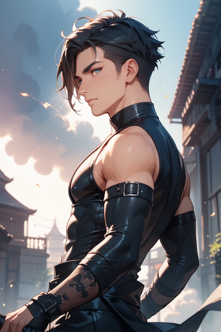 (masterpiece:1.3),(最high quality:1.4),(Very detailedな:1.5),High resolution,Very detailed,8k,artwork,High level of detail,rendering,high quality,Wide range of colors,(One Anime Guy)(Slim figure)、Black Hair、cool、good looking、Attractive anime men, Seductive anime youth,Slippery、black eye、quiet、Inconspicuous、Big silhouette black sleeveless top、club、city、(On the neck)tattoo、Earrings、Hair length is normal、Provocative、Laugh fearlessly。