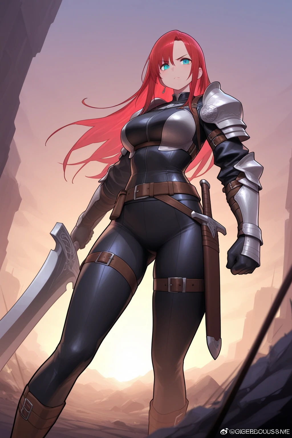 Anime - Stylistic image of a woman in red-haired armor, Kushatt Krenz Key Art Women, Armor Girl, cushart krentz, krenz cushart and artgerm, Female knight, cushart kenz, Style Artgerm, bikini armor female knight, From Arknights, krenzcushart