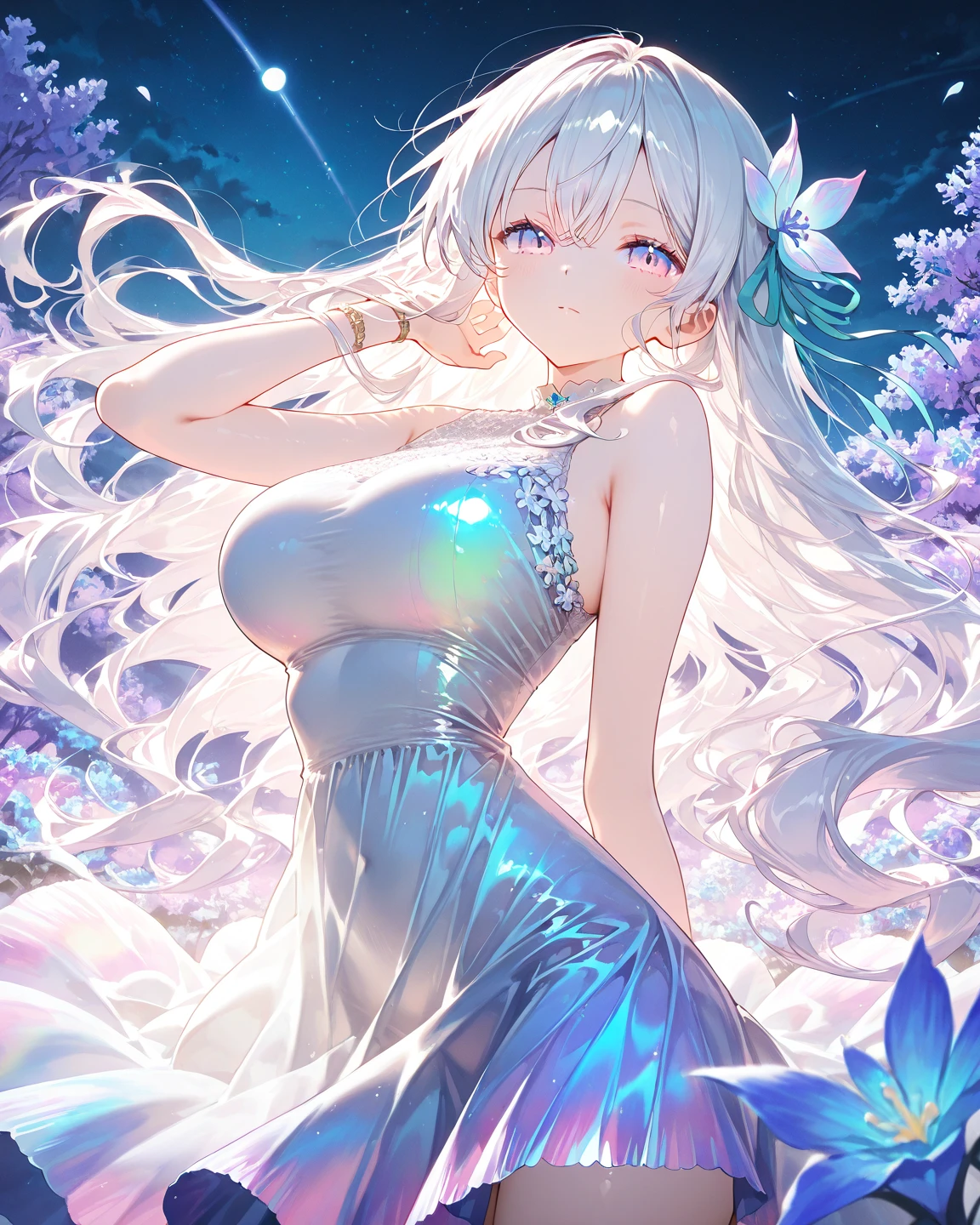 expensivequality illustration, masterpiece, Very delicate and beautiful, attractive,(White floral dress,One-piece with glittering decorations,expensive_White rainbow gradient dress、skirt、slit),thin,Slender body,slim,high school student,Grassland Background,Princess, Beautiful Eyes、smile、blush,(masterpiece, Highest quality:1.2), expensiveres, Very detailed CG ユニティ 8k 壁紙, Perfect lighting, colorful, ultra-expensive res,4K,Very detailed, photograph, 8k, High resolution,、Vibrant 、Big Breasts、thigh
