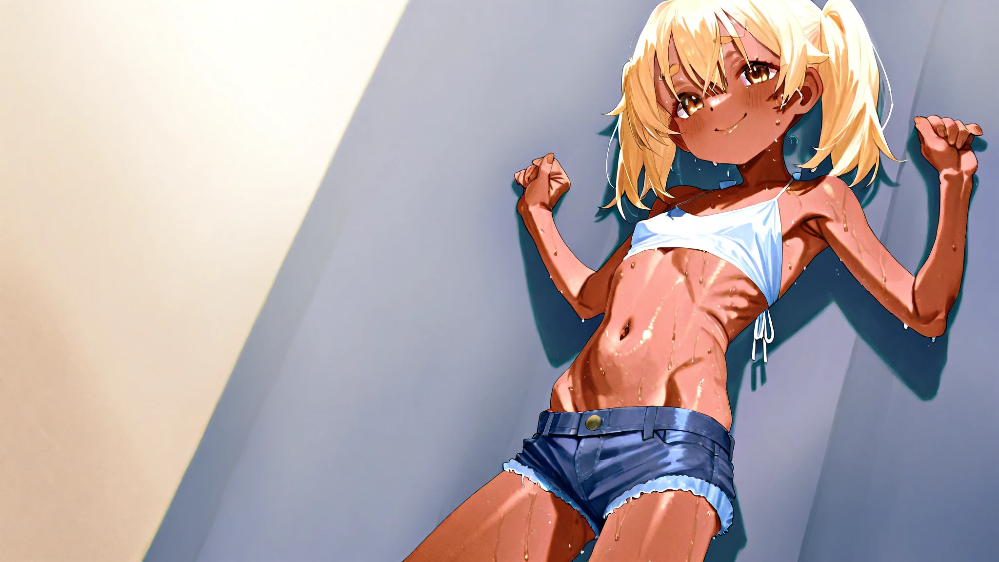 ((masterpiece)), (anime:1.3), ((Highest quality)), (RAW Photos:1.2), (Professional photography:1.3), (High resolution), (12 years old), 8K, Cinema Lighting, Disheveled Hair, (Exposed small breasts), Denim hot pants,(Jet black glossy hair), (Healthy dark skin),A badly tattered and torn camisole, (Dirty oversized white camisole), Slim and small breasts, (PAW Pose), (Open your mouth), Textured skin, Cat ear, Light brown hair, Cute beautiful girl, break, ((Highest quality)), (Sitting at the end of an old pier), Slums,