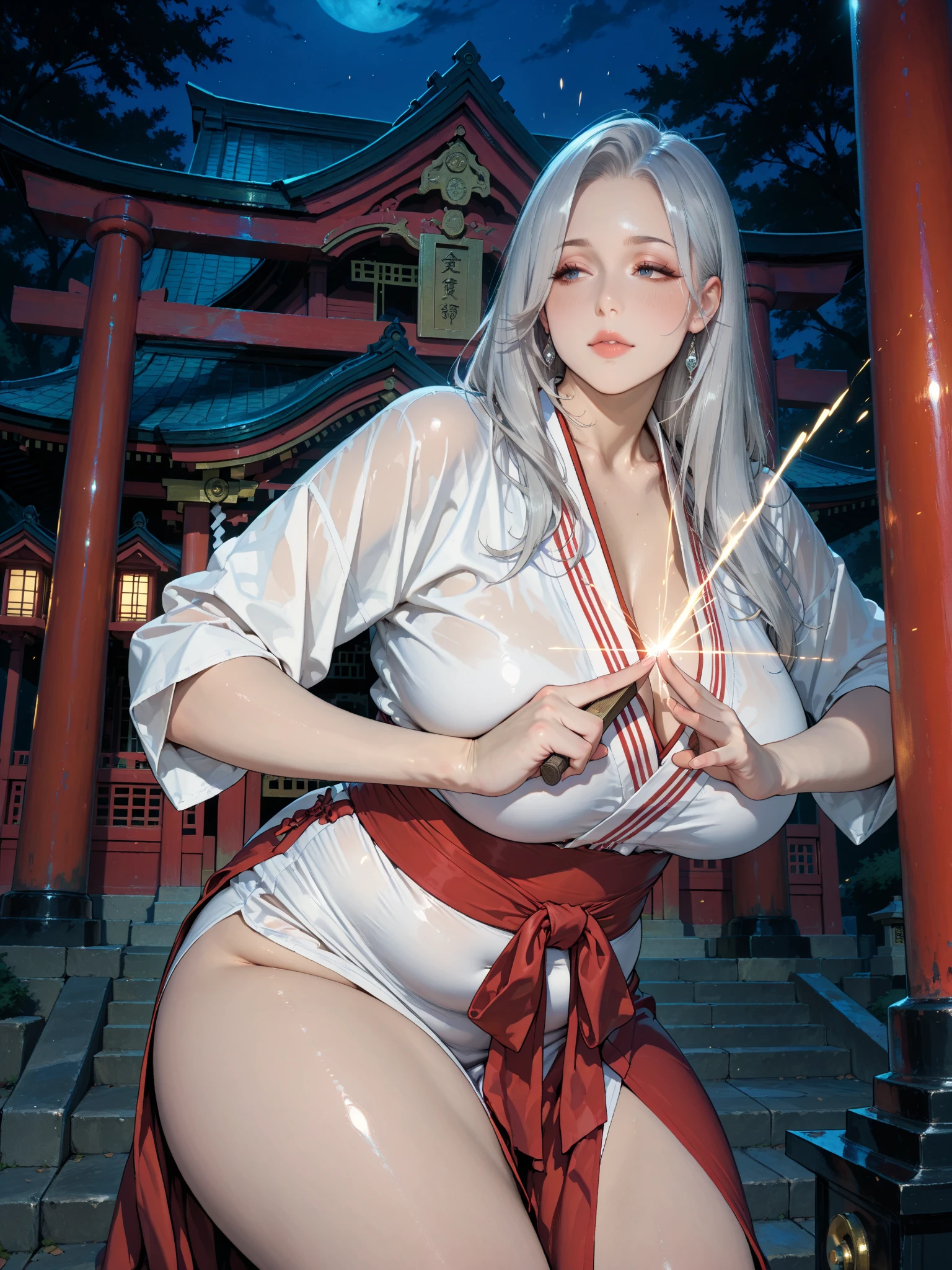 (((perfect figure,figure,long sleeves, japanese clothes, kimono, haori, black kimono, hakama, black hakama,(((isane kotetsu, short hair, braid, white hair, (purple eyes:1.1), hair braid, ))),(((wide hips))),S-type figure:1.7))),((masterpiece)),high resolution, ((Best quality at best)),masterpiece,quality,Best quality,((( Exquisite facial features,looking at the audience,There is light in the eyes,blush,Happy))),(((Interlacing of light and shadow, ))),(((looking into camera))), medium breast, show nipples, show vagina, open legs:1.5, wide open legs, squirt pussy.