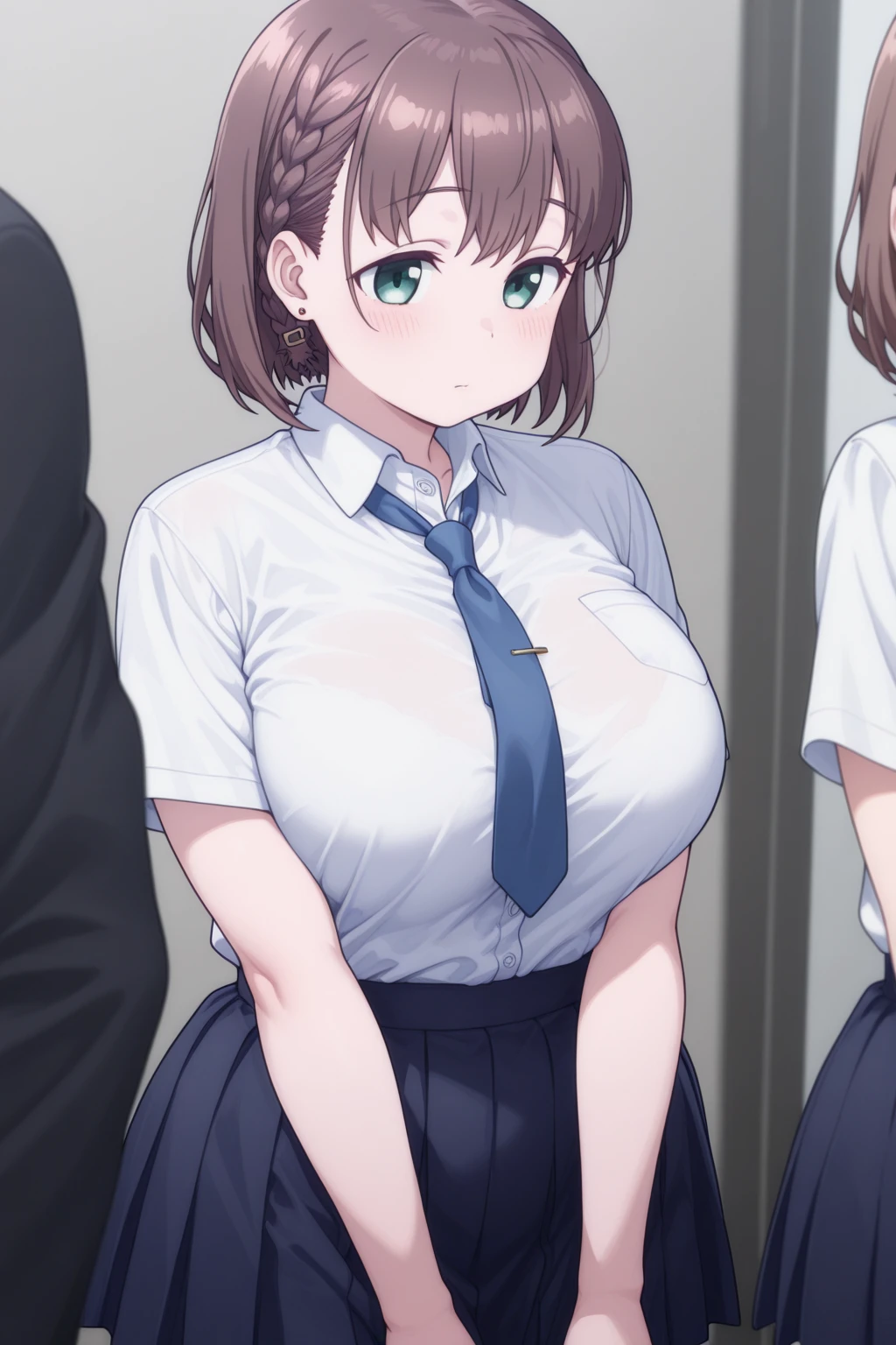 ((best quality)), ((masterpiece)), (detailed), (((perfect face))), ((((slender topless 16yo teen girl with bare arms, bare shoulders)))), (((wearing dark blue pleated skirt))), (((brunette, brown hair))), ((ponytail)), (((shy:1.3))) ((blushing:1.5)), ((slender thighs)), ((slender hips)), (((girl looking away))), (((medium breasts))), ((((crowded exterior corridor)))), ((((male teenagers in suits)))), ((((crowd of students in suits))))