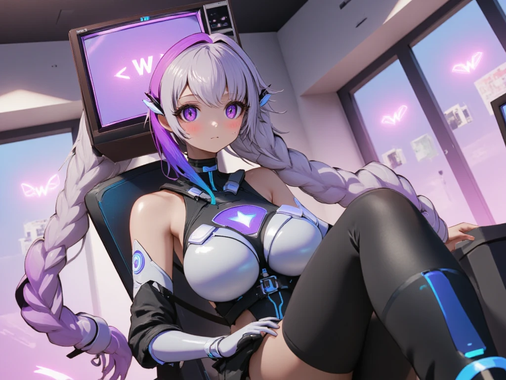 ultra realistic, Kizi, long hair, earbuds, sitting down, sunk in an armchair, in a futuristic cabin, surrounded by monitors, and holographic screens , from above view, Purple Lights , Flat Breast, pre-adolescent. She looks with malice , mini-skirt , visible knickerss. legs spread open , knickers
