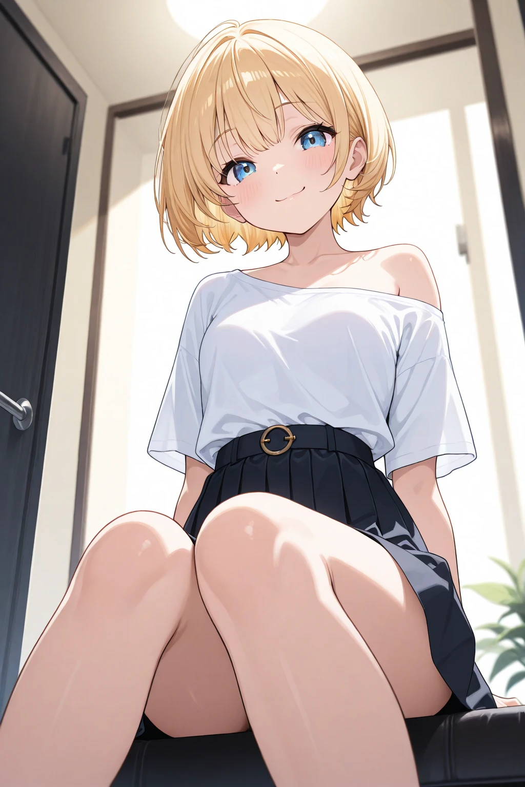 very cute and beautiful girl,(Very detailed美しい顔), (smile),blush,Black Hair,Seraphim,((Blonde、Short Hair)),(White Shirt、Pleated navy blue pread your legs、Squat)、Sitting、(From below)、(Lace panties), Country road, (Highest quality,masterpiece:1.0),Absurd,High resolution,Super detailed,Very detailed,32K,8k resolution, Intricate details,Movie Scenes,Detailed Background,alone,Dynamic Angle,