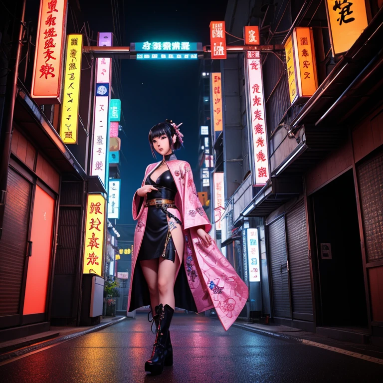 Japanese cyberpunk high fashion of Oiran kimono cool girl, kimono punk, kimono bondage fashion, cyberpunk, pink and blue neon color, full body standing