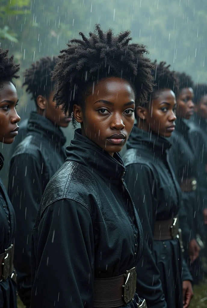 a dozen african teens in  bodysuits, fearful, surrounded by white soldiers