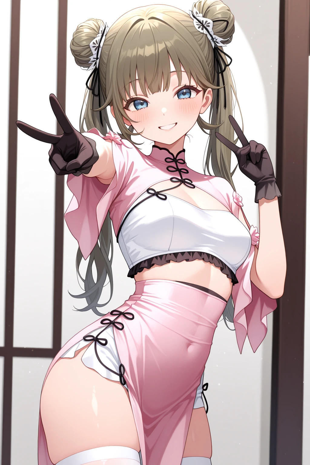 hanabusa lisa, lisa china, twintails, double bun, hair ribbon, chinese clothes, black gloves, white thighhighs, 1girl, solo, cowboy shot, looking at viewer, chinese architecture, indoors, standing on one leg, leg up, kung fu, :o