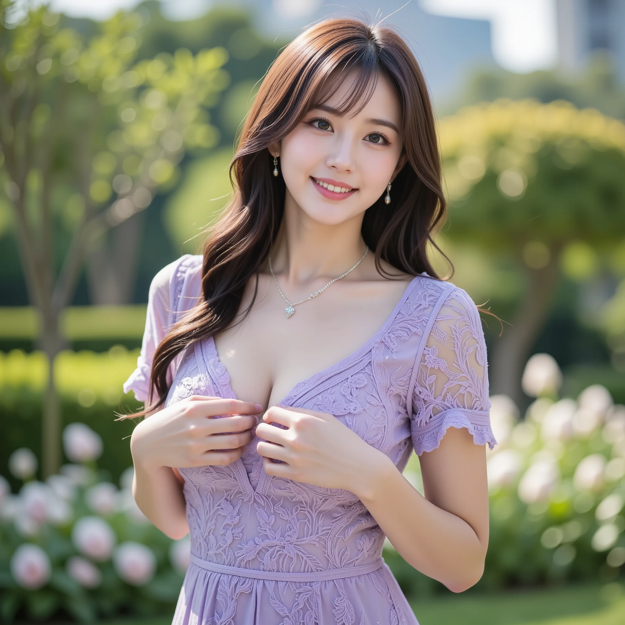 (Canon RF85mm f/1.2,best quality,Reality:1.4,movie lighting),(1 girl,Korean mixed,Korean Idol:1.2,beautiful long legs),(Long brown wavy hair),(Pink Shiny Lips,Pink eyeshadow,eyelash,powder blush,cosmetic),(White Shiny Skin,black eyes,Pores,Skin texture,Shiny),(necklace,earrings),Large Breasts,Smile,Dynamic poses,lifelike,masterpiece,Best image quality,8K,HDR,RAW,1 girl,((solo)),(spring scenery,Mountains in the distance,Beautiful clouds,Oilseed flower field),(Standing),Looking at the audience,(up body:1.2),Purple dress,braid,perspective,Smile,White teeth,Straight teeth