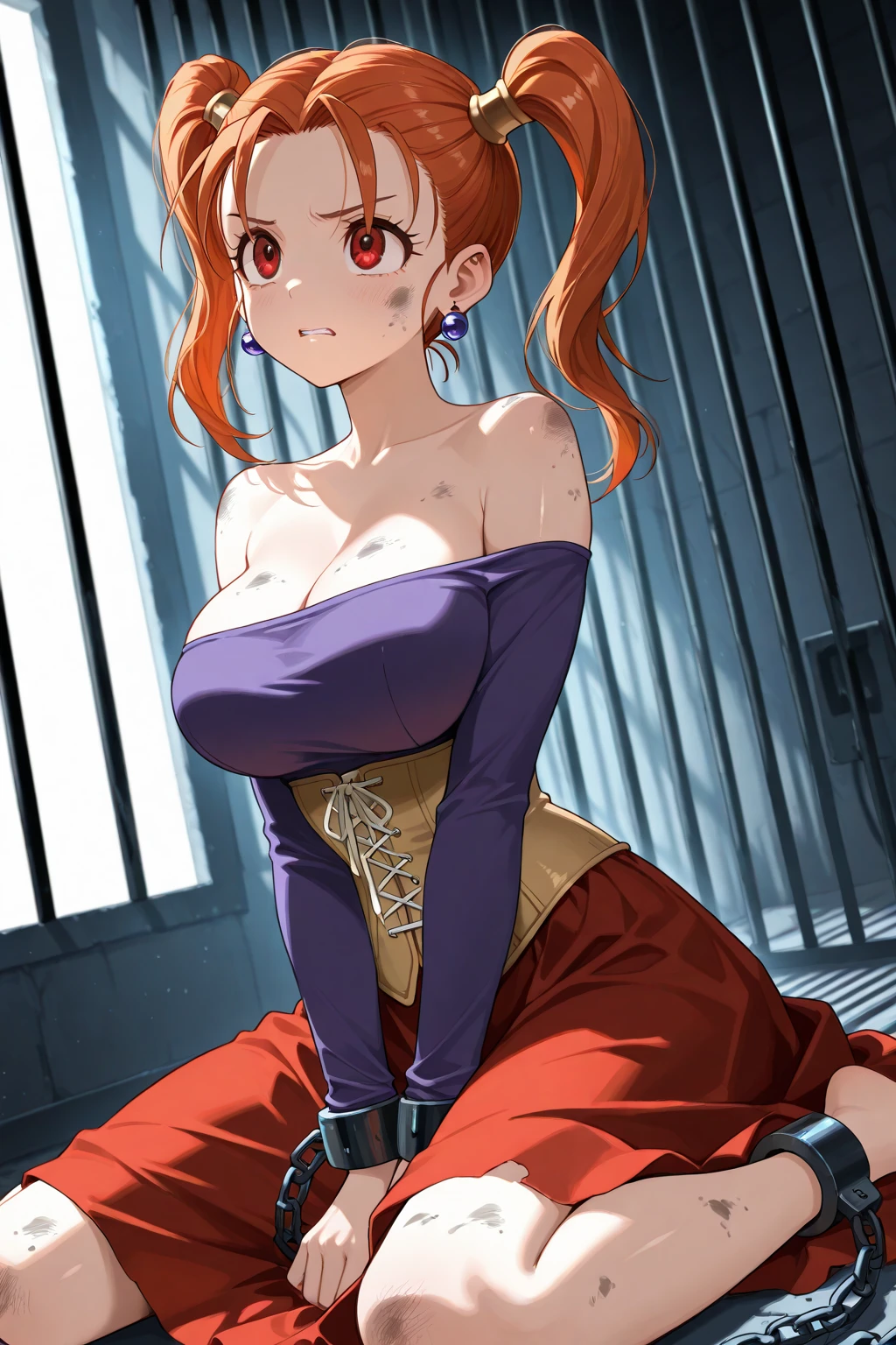 ((1 girl)), ((sit on the chair)), ((Rope bondage)), ((Put your arms behind your back)), ((fully bound)), (tightly bound), ((helpless)), (dark red hair, , black sleeveless, black trousers, ), (((big breasts))), ((blush))
