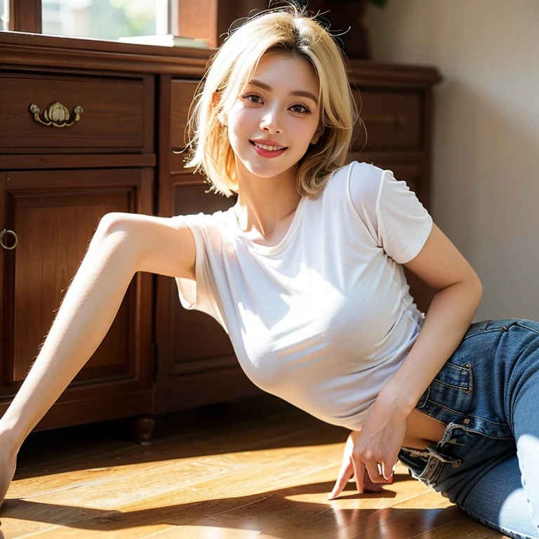 Tabletop、(Highest quality、4K、8K、High resolution、masterpiece: 1.2)、Very detailed、(Genuine、photoGenuineistic、photoGenuineistic: 1.37)、Full Body Shot、whiteTshirt、Blonde Short Cut,Complex and beautiful eyes、woman、short hair、Natural color lip、Bold and sexy pose、smile、garden、 year old beauty、A cute and sexy shot of her looking at the camera